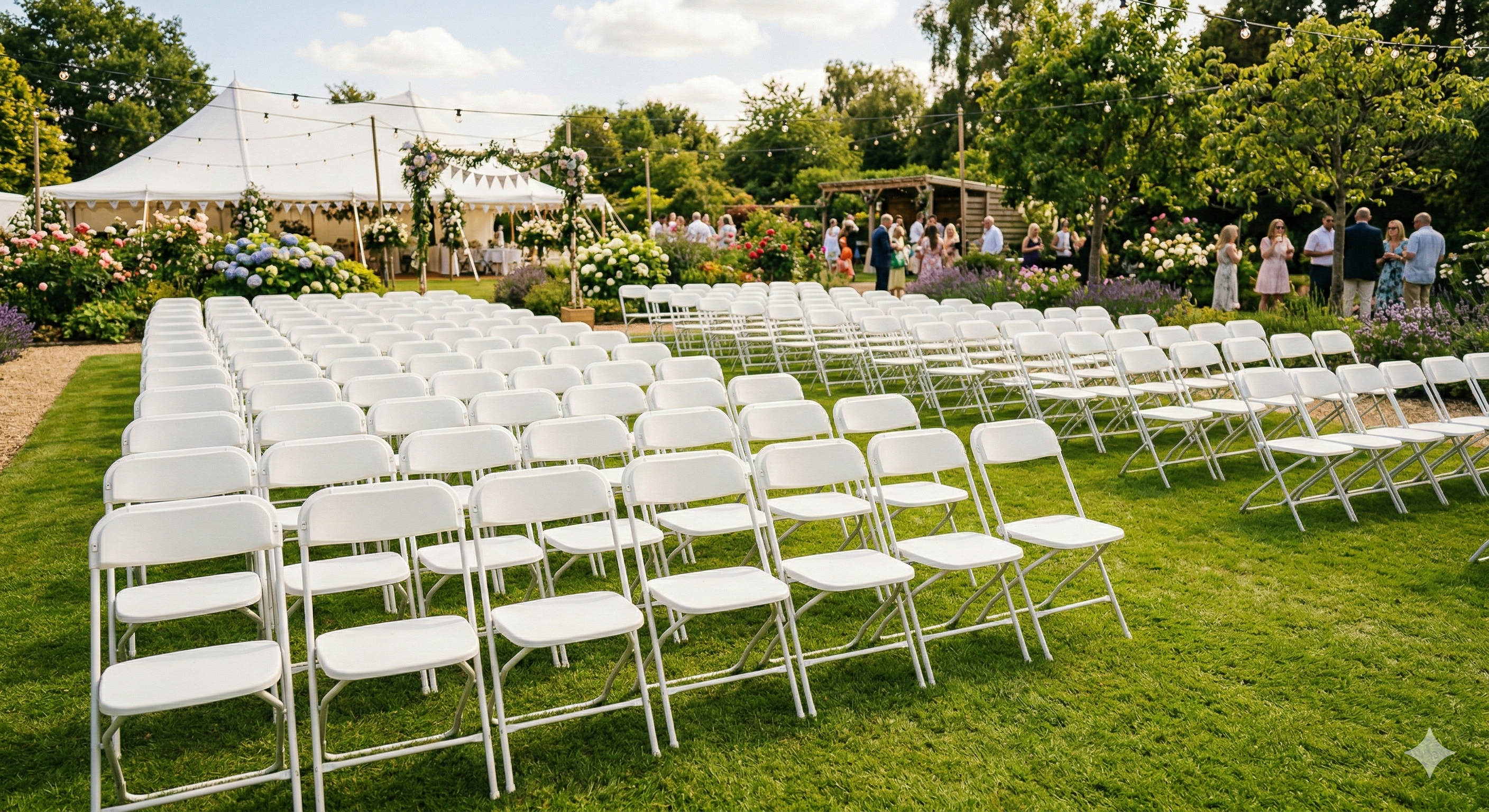 White folding chairs arranged in rows at an outdoor party