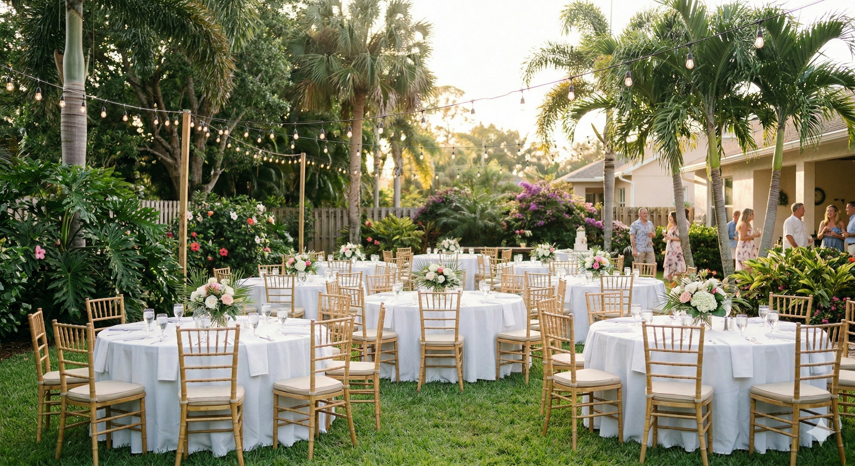 Round banquet tables with white linens set up for a celebration